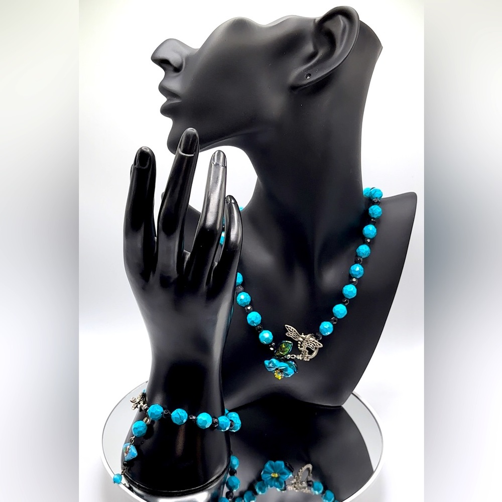 *RARE* Blue Turquoise Round Beaded Tibetan Silver Necklace and Bracelet Set